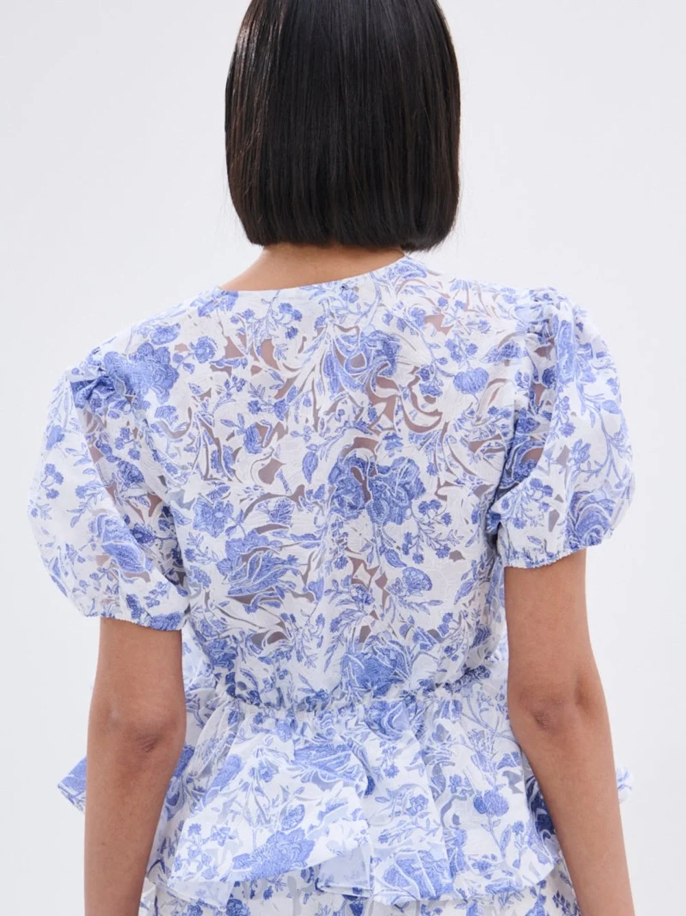 AKIRA Blue and White Floral Tie-Front Peplum Blouse - Picture 2 of 5